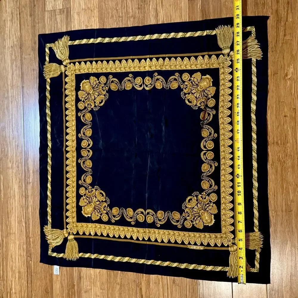 VTG Echo Luxury Black Gold Floral Scroll Tassel Motif Silk Scarf 29” X 30”